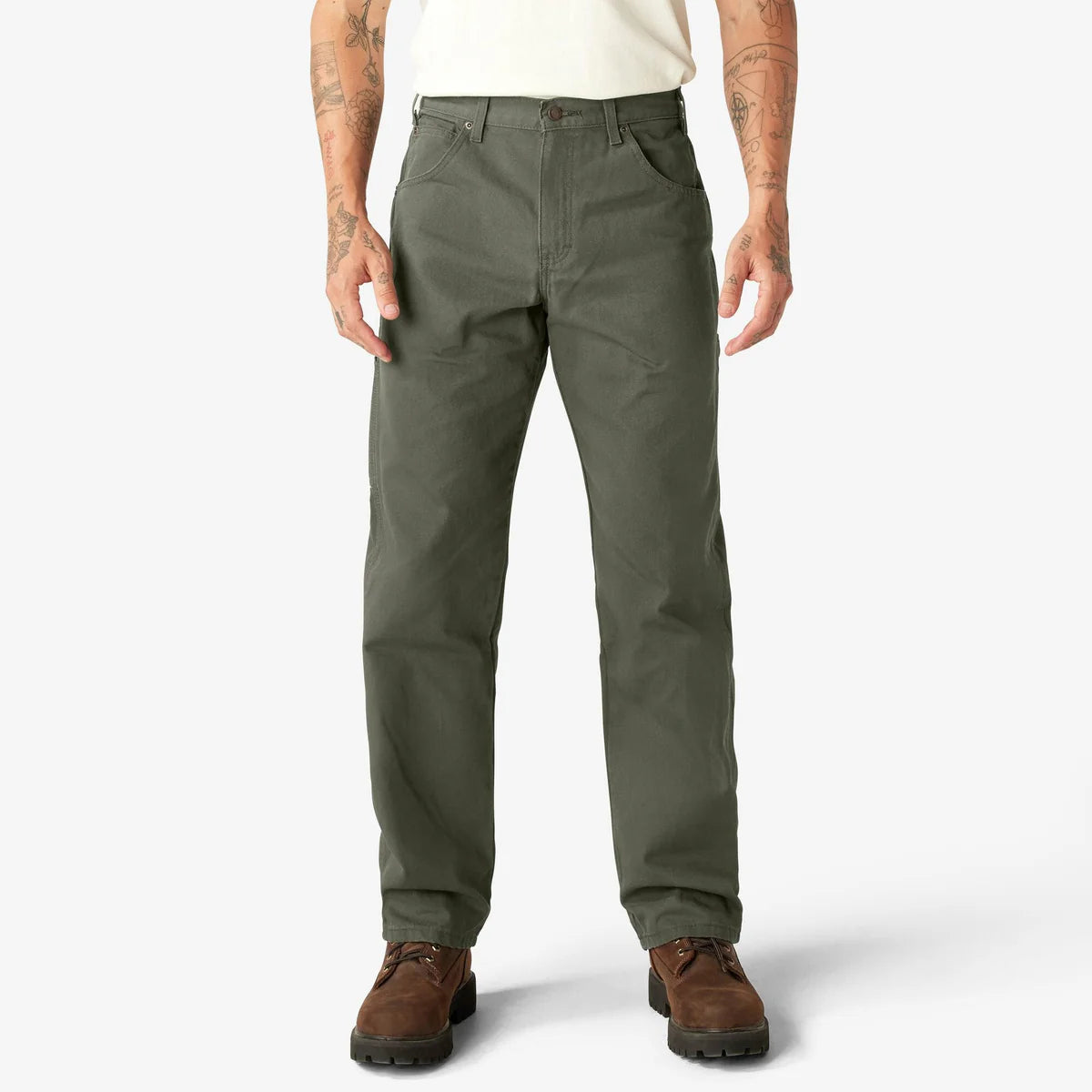 Dickies Men's Relaxed Fit Straight-leg Duck Carpenter Jean Rinsed olive