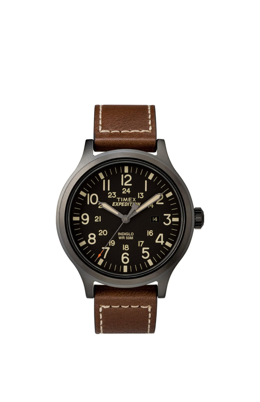 Timex Men's Expedition Scout 43mm Watch – Black Dial & Case with Brown Leather Strap