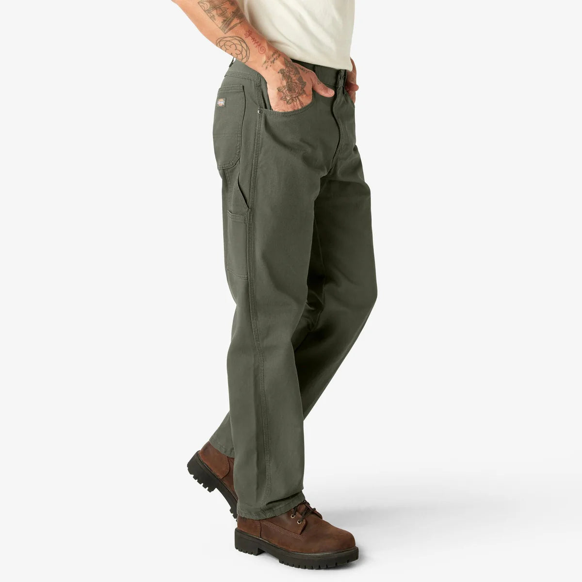 Dickies Men's Relaxed Fit Straight-leg Duck Carpenter Jean Rinsed olive