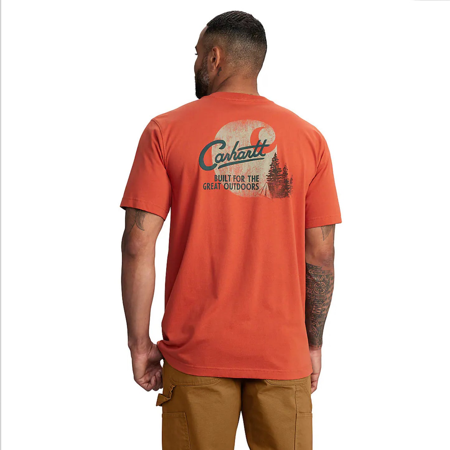 CARHARTT RELAXED FIT LIGHTWEIGHT SHORT SLEEVE POCKET CAMP GRAPHIC TSHIRT (SADDLE RED HEATHER)