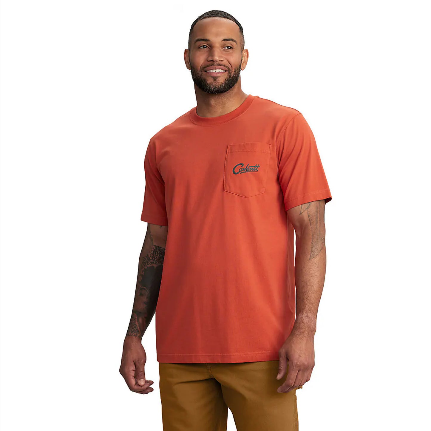 CARHARTT RELAXED FIT LIGHTWEIGHT SHORT SLEEVE POCKET CAMP GRAPHIC TSHIRT (SADDLE RED HEATHER)